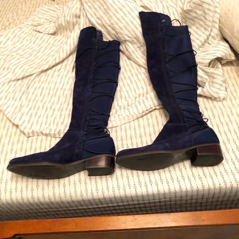 Shultz thigh-high blue suede boots, lace up back